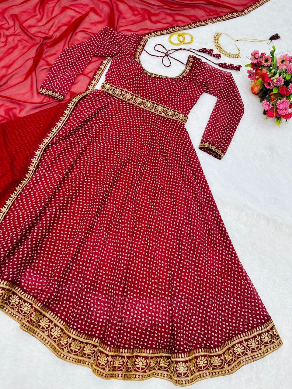 Red georgette print and embroidered gown