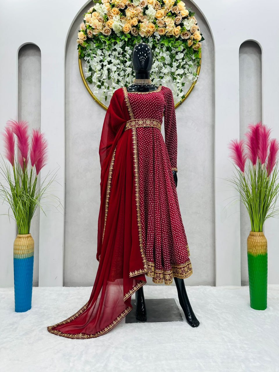 Red georgette print and embroidered gown