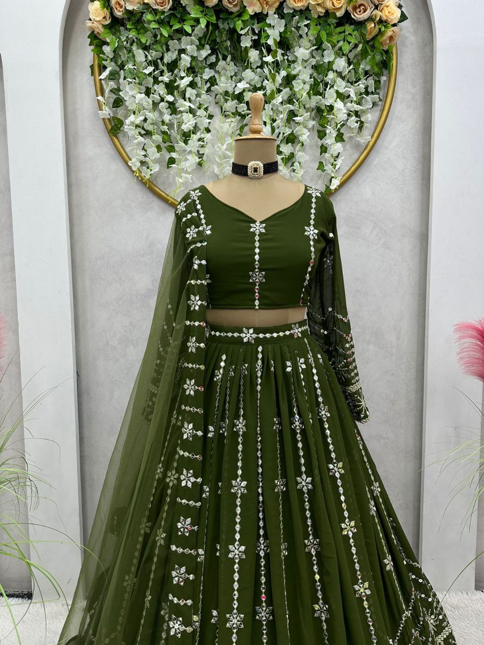 Yankita Kapoor Style Olive Green Embroidered Lehenga Choli