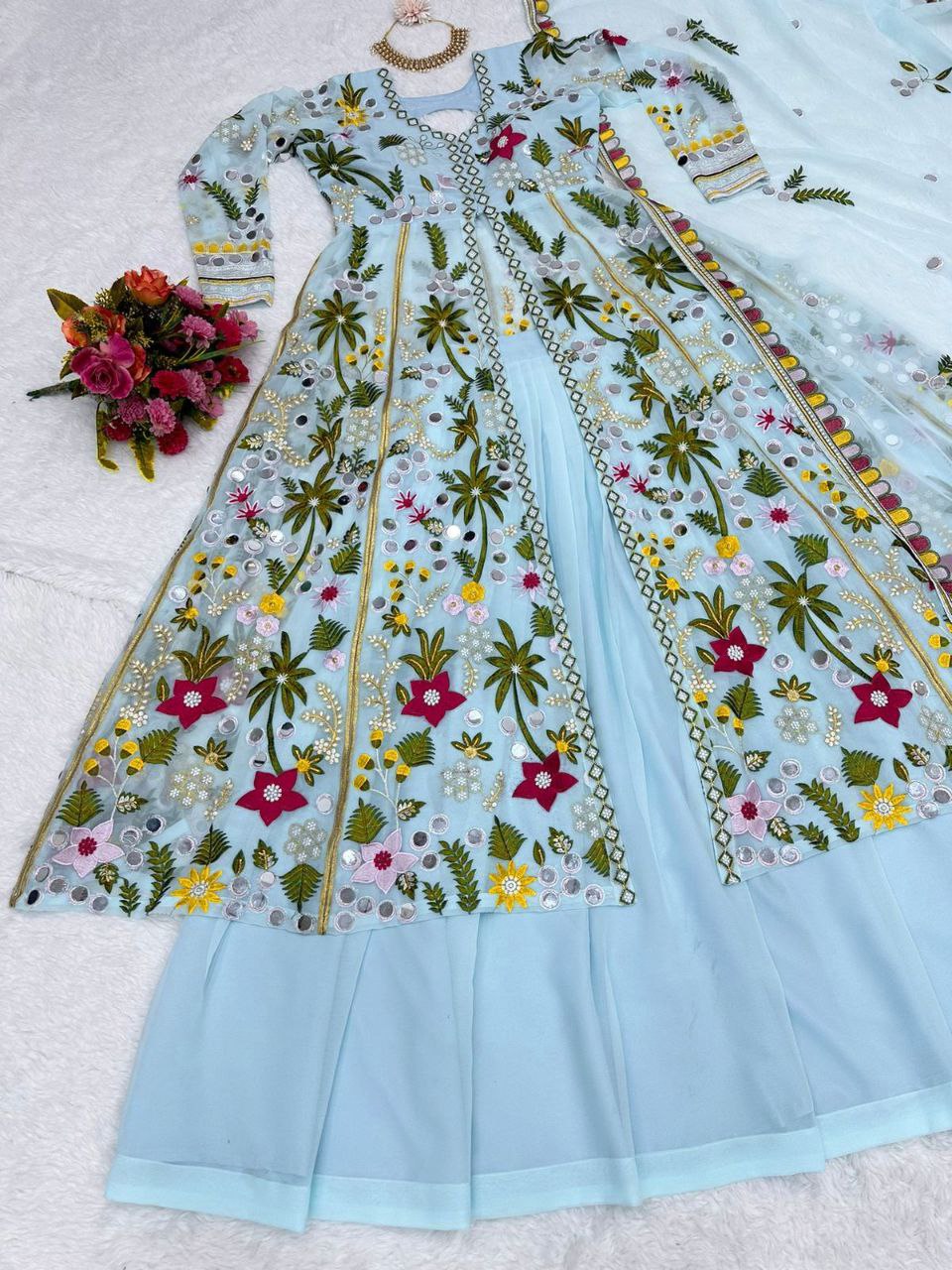 Sky blue georgette heavy embroidered designer lehenga gown