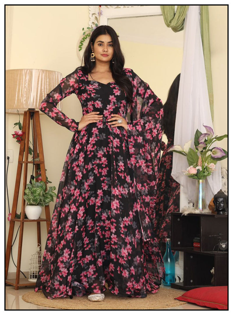 Black tibby silk floral printed long gown