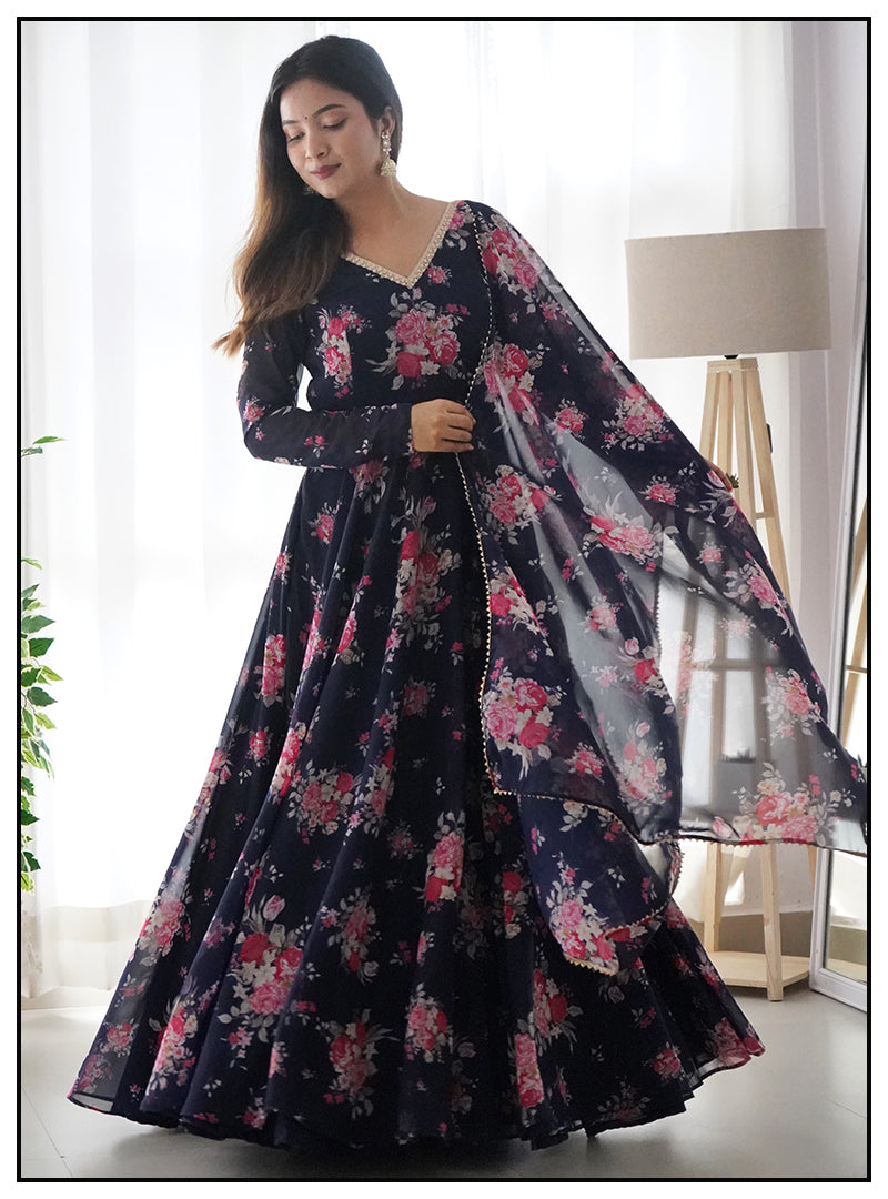 Beautiful Printed Georgette Party Wear Gown With Duppata