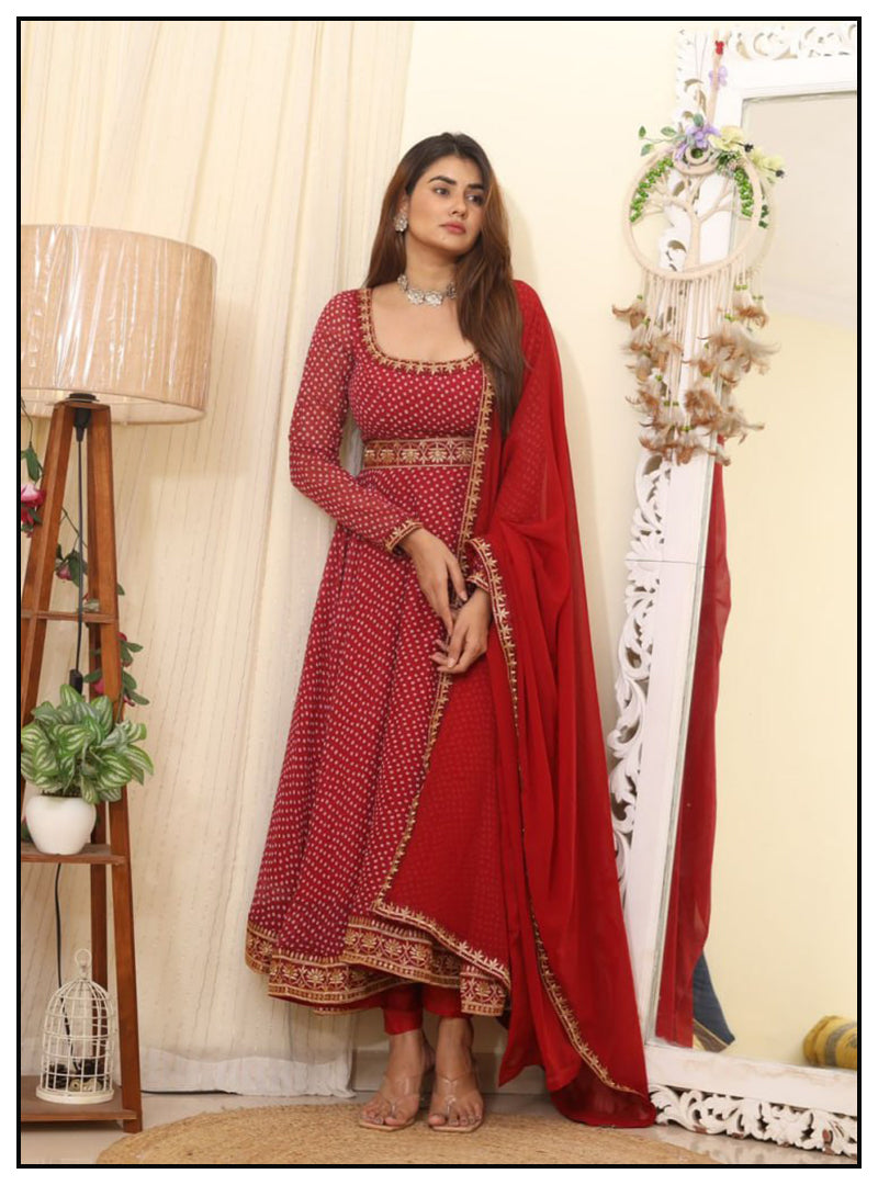 Red georgette print and embroidered gown