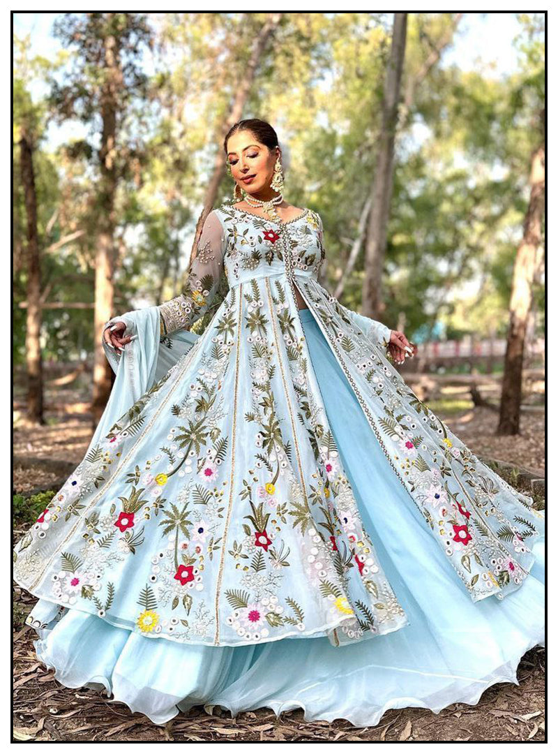 Sky blue georgette heavy embroidered designer lehenga gown