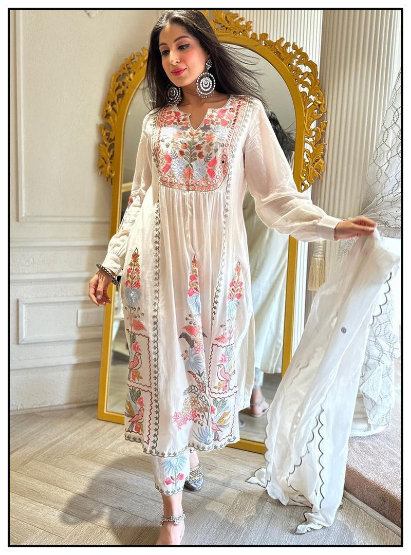 White georgettte multi thread embroidery & Mirror work designer palazzo suit