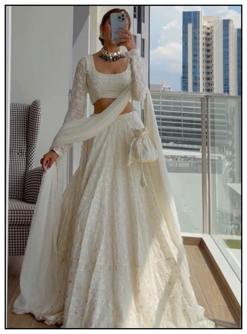 White Trendy Sequence Embroidery Heavy Designer Lehenga